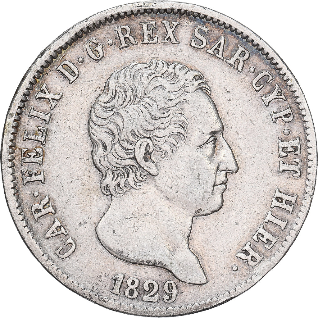 Itália, Carlo Felice, 5 Lire, 1829, Genoa, Prata, EF(40-45)
