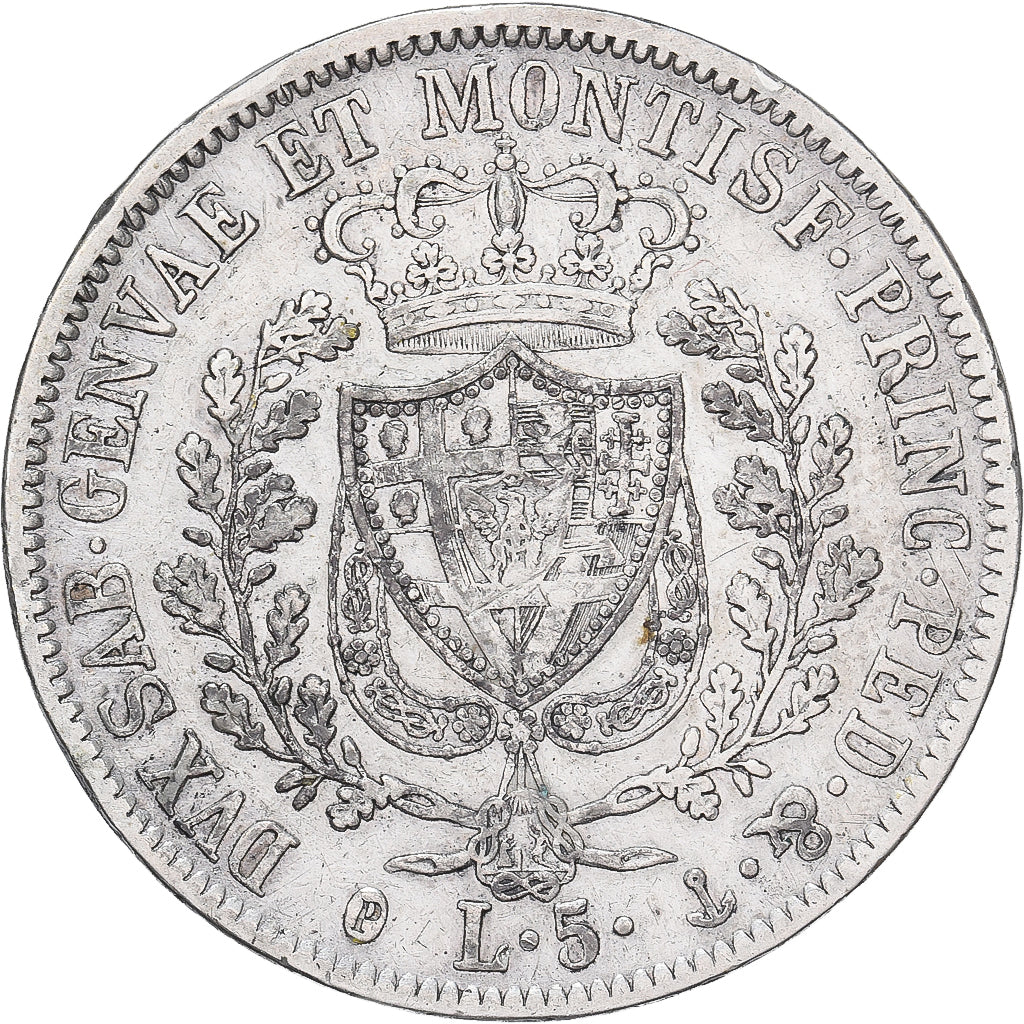 Itália, Carlo Felice, 5 Lire, 1829, Genoa, Prata, EF(40-45)