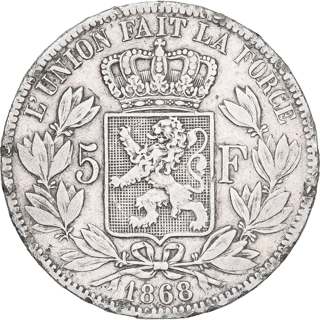 België, Leopold II, 5 Francs, 5 Frank, 1868, Tranche fautée, Zilver, FR, KM:24