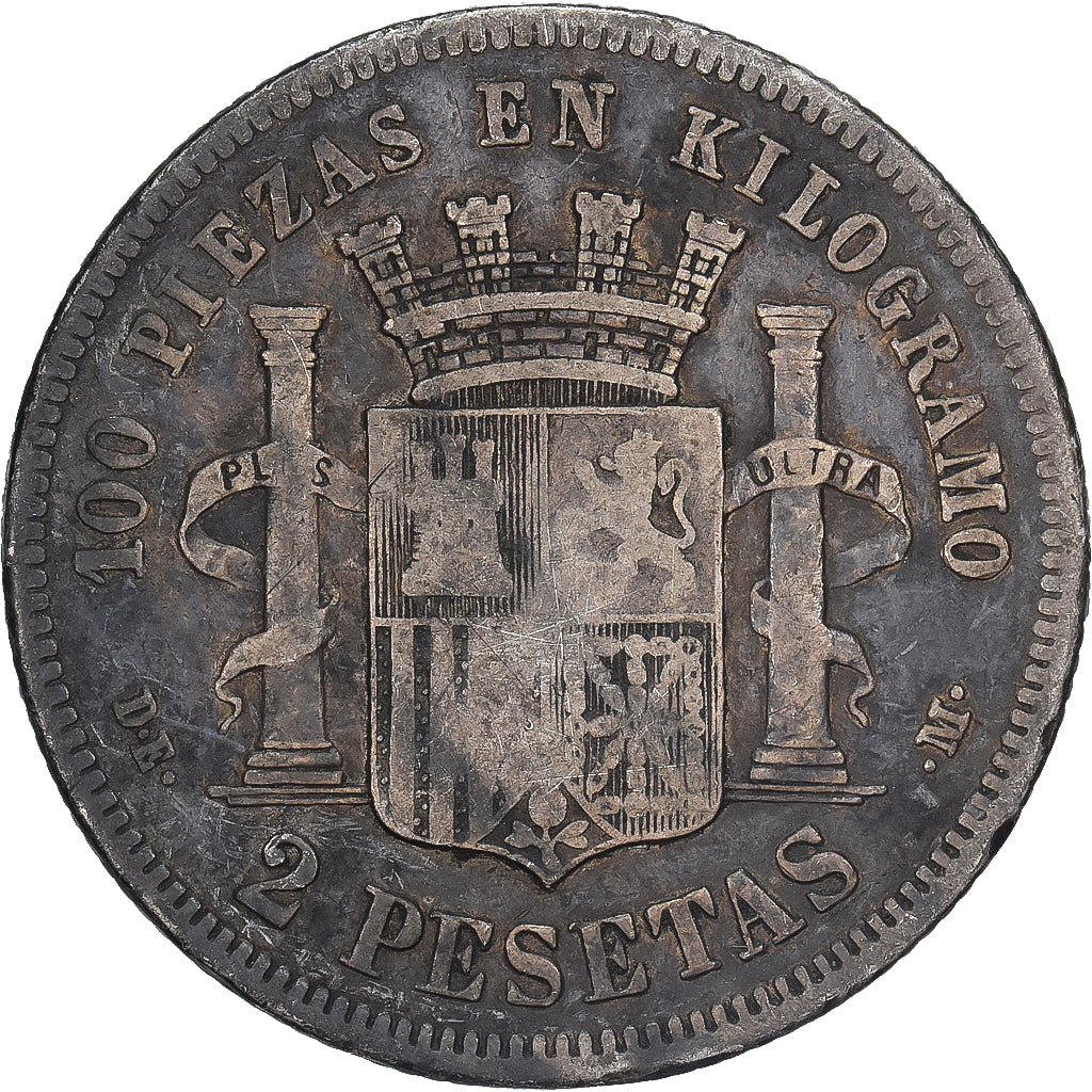 Espanha, Provisional Government, 2 Pesetas, 1873, Madrid, Prata, VF(20-25)