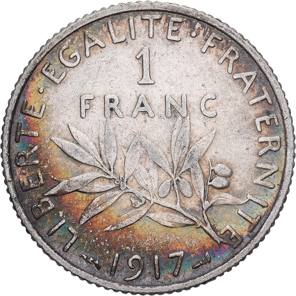 Francia, Franc, Semeuse, 1917, Paris, error struck thru, Plata, MBC, KM:844