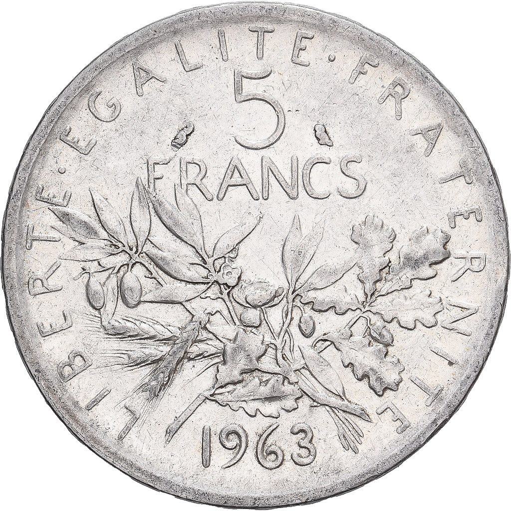 Francia, 5 Francs, Semeuse, 1963, Paris, error clipped planchet, Plata, MBC+