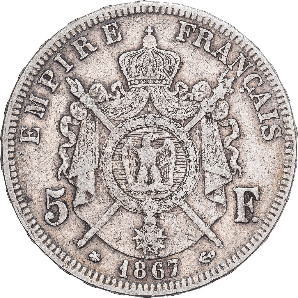 França, 5 Francs, Napoléon III, 1867, Paris, Prata, EF(40-45), Gadoury:739