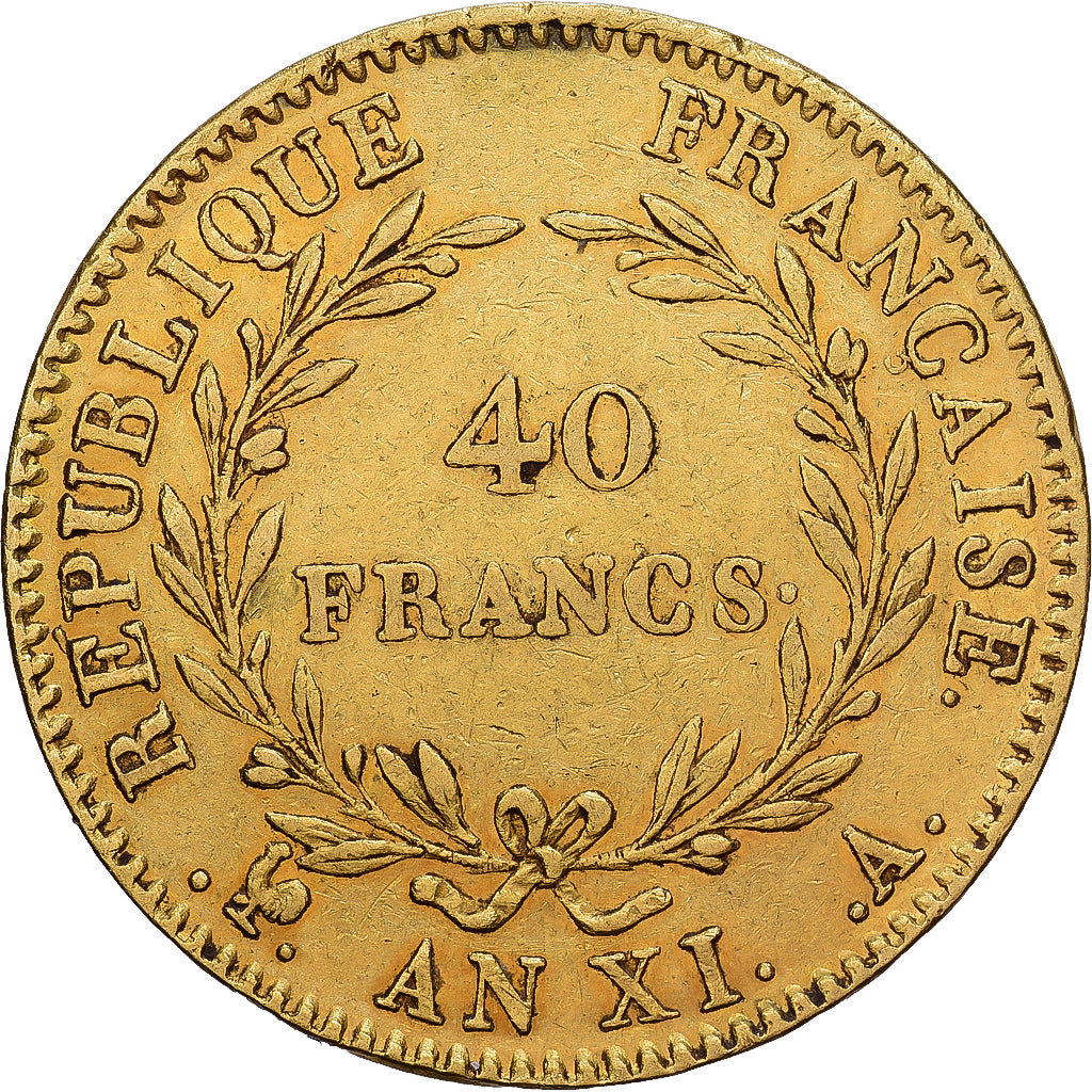 França, Napoleon I, 40 Francs, An XI, Paris, Without olive, Dourado, EF(40-45)