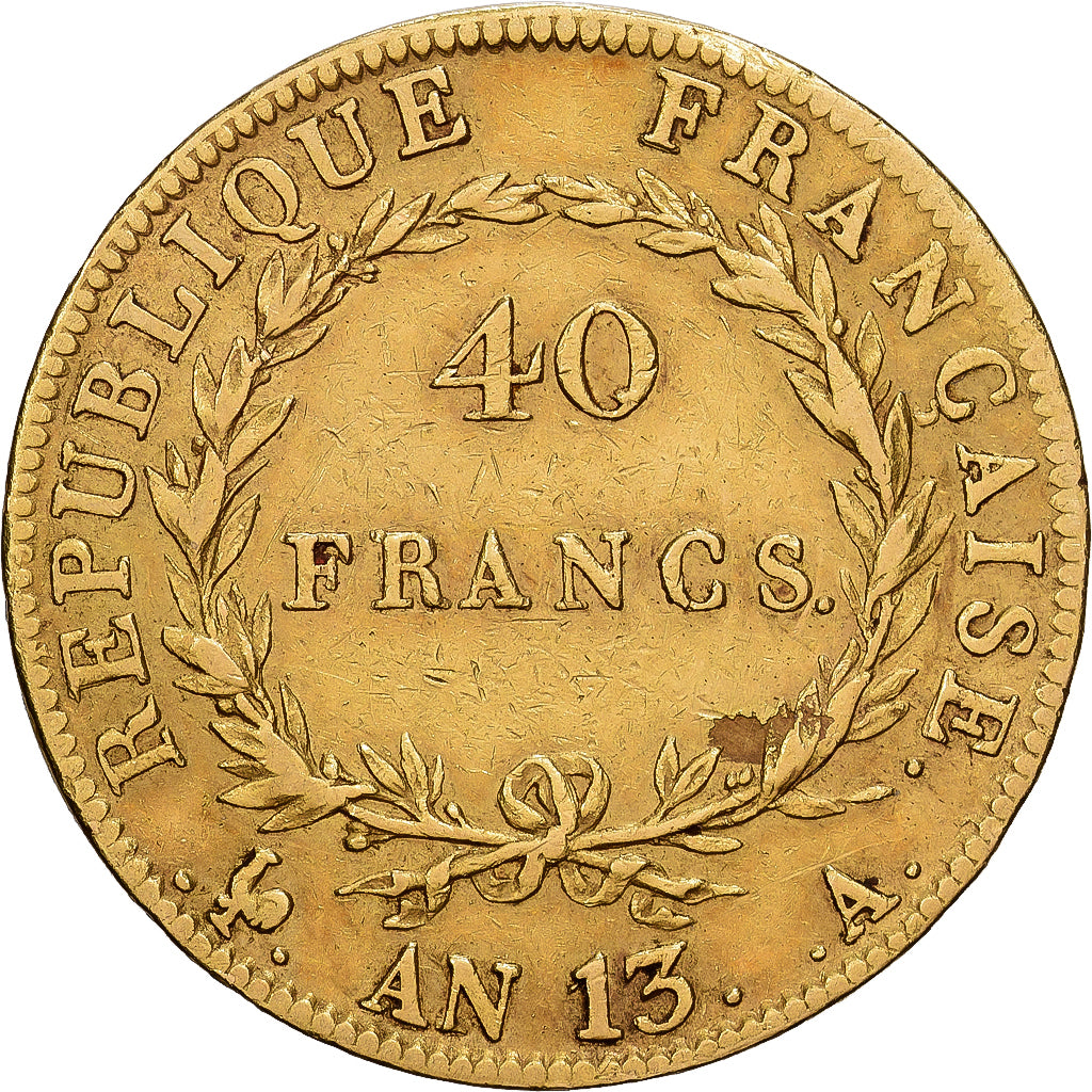 França, 40 Francs, Napoléon I, AN 13, Paris, Dourado, VF(30-35), Gadoury:1081