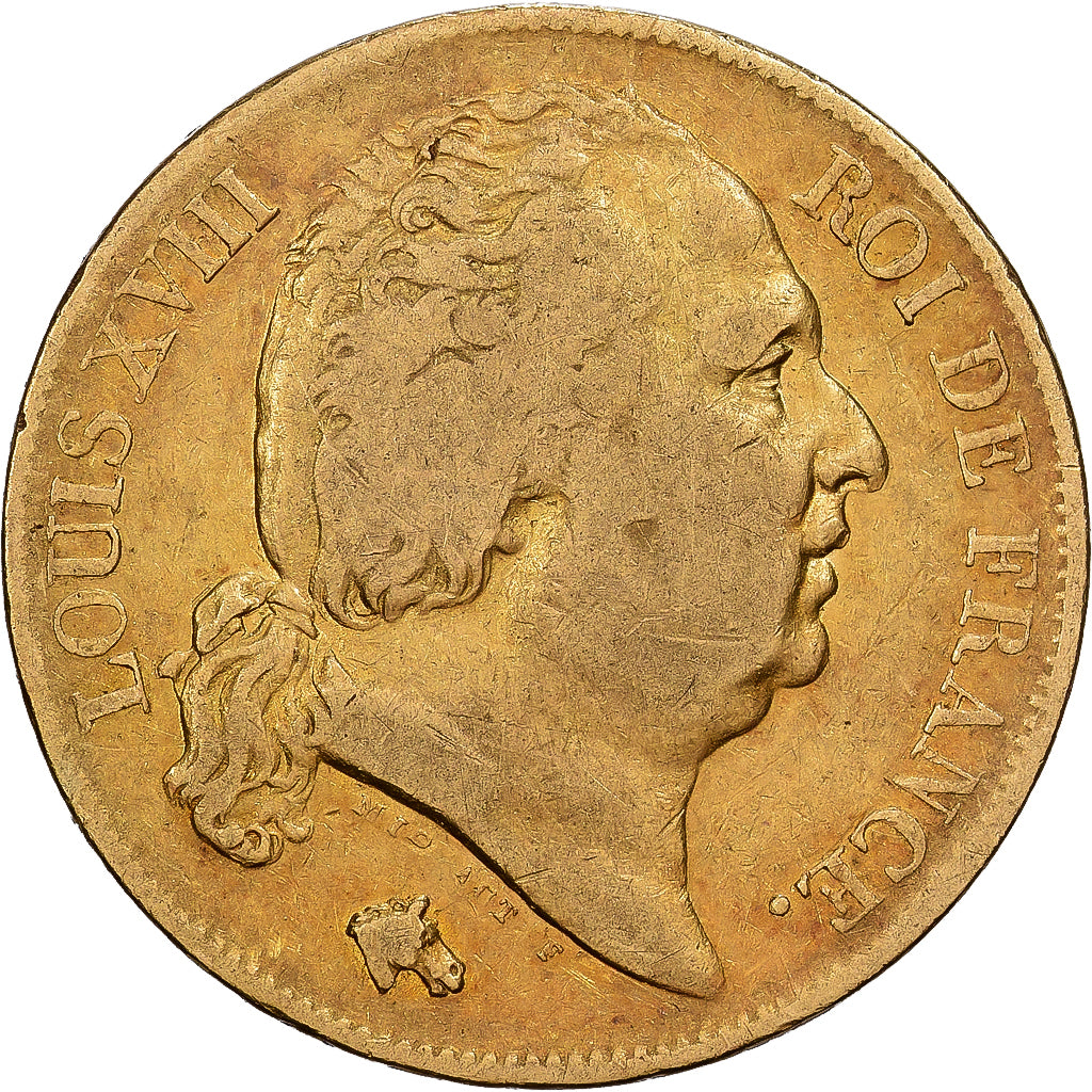 Francja, 20 Francs, Louis XVIII, 1818, Lille, Złoto, VF(20-25), Gadoury:1028