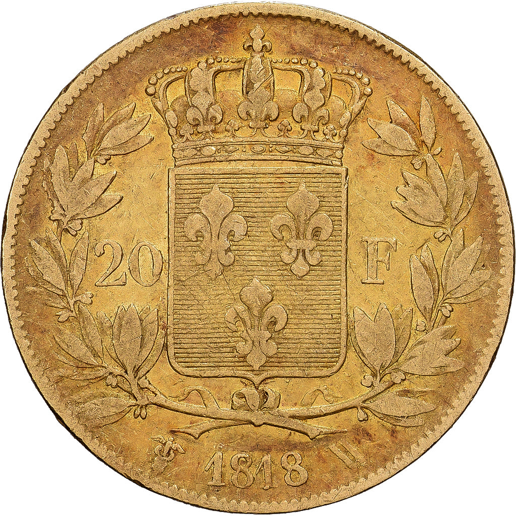 Francja, 20 Francs, Louis XVIII, 1818, Lille, Złoto, VF(20-25), Gadoury:1028