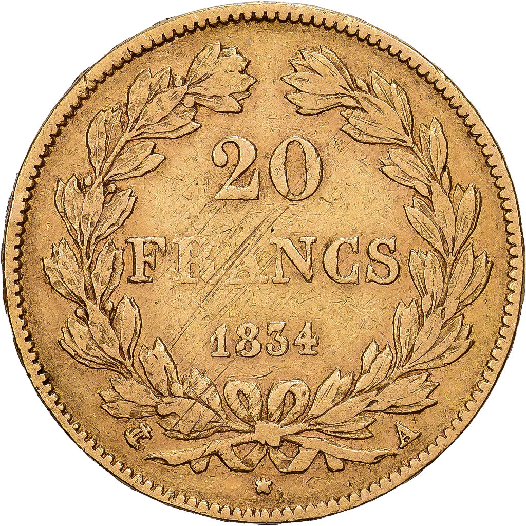 France, Louis-Philippe, 20 Francs, 1834, Paris, Gold, VF(30-35), Gadoury:1031