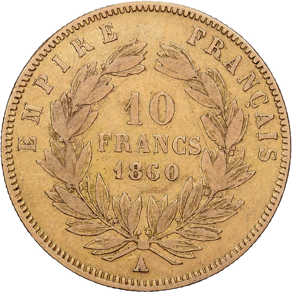 Francja, 10 Francs, Napoléon III, 1860, Paris, Złoto, VF(30-35), Gadoury:1014