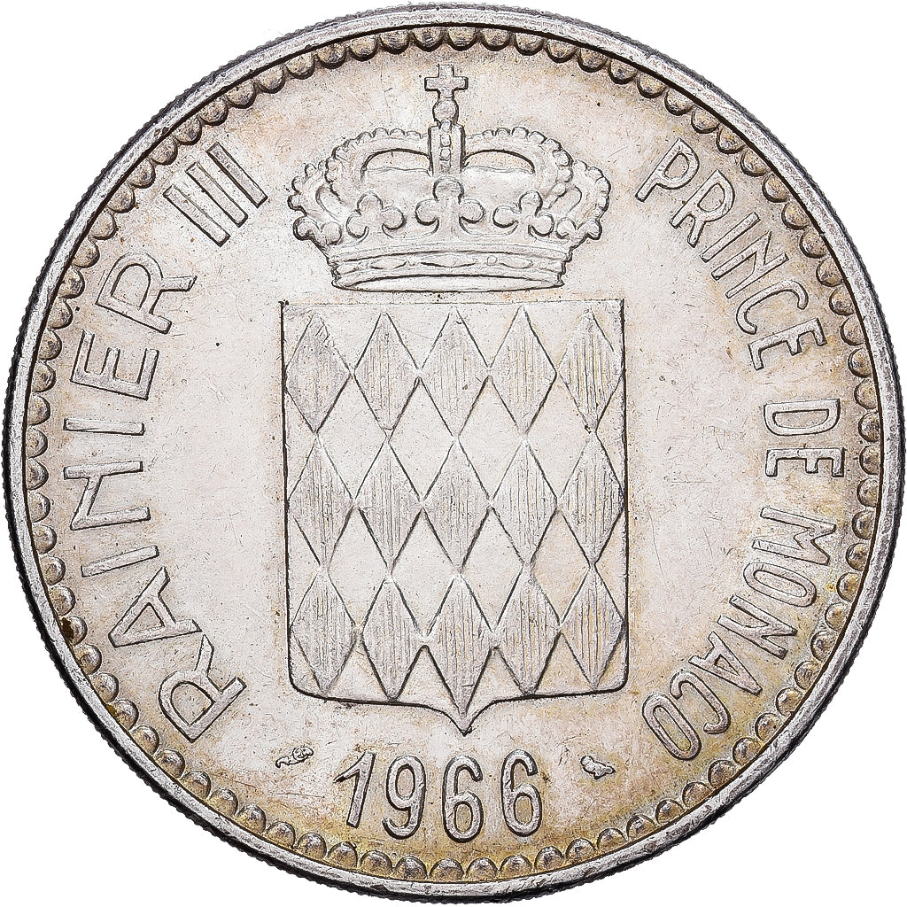 Mónaco, Rainier III, 10 Francs, 1966, Paris, Plata, MBC+, KM:146