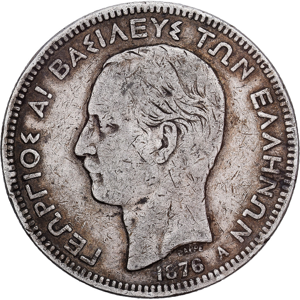 Grecia, George I, 5 Drachmai, 1876, Paris, Plata, BC+, KM:46