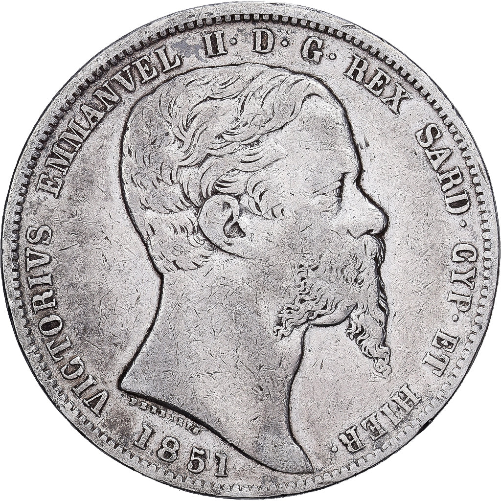 États italiens, SARDINIA, Victor-Emmanuel II, 5 Lire, 1851, Genoa, Argent, TB
