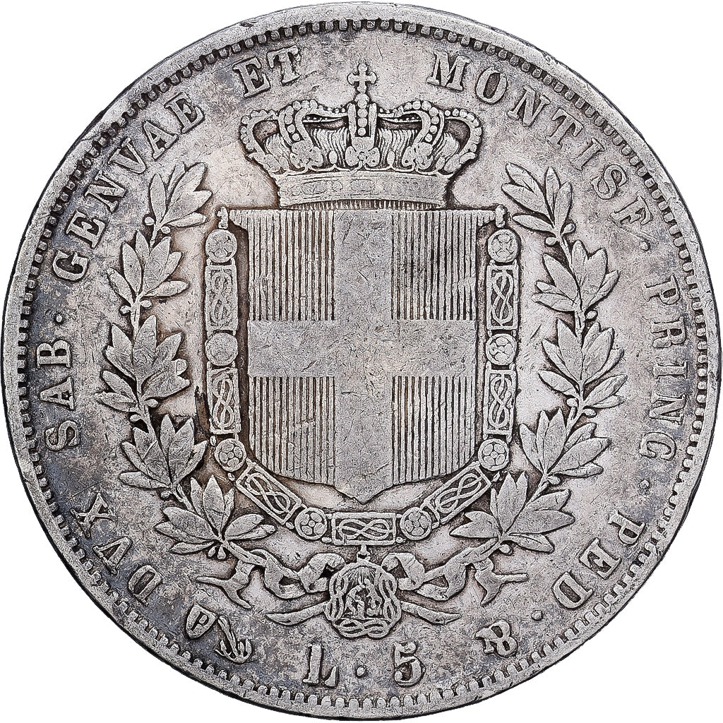 États italiens, SARDINIA, Victor-Emmanuel II, 5 Lire, 1851, Genoa, Argent, TB