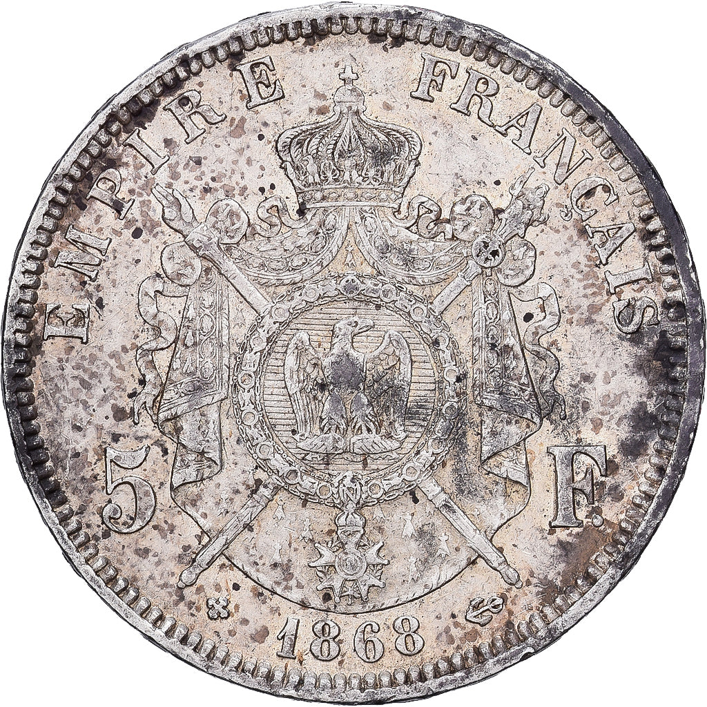 Francja, 5 Francs, Napoléon III, 1868, Strasbourg, Srebro, AU50, KM:799.2