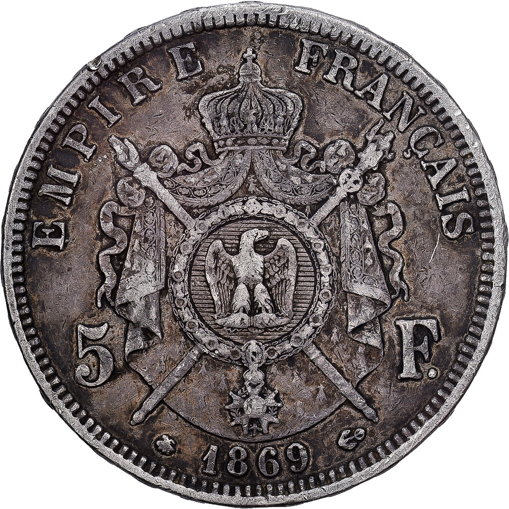 Francia, Napoleon III, 5 Francs, Napoléon III, 1869, Paris, Plata, BC+