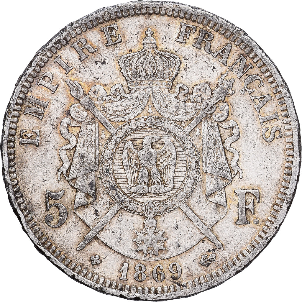 Francia, 5 Francs, Napoléon III, 1869, Strasbourg, Plata, BC+, KM:799.2