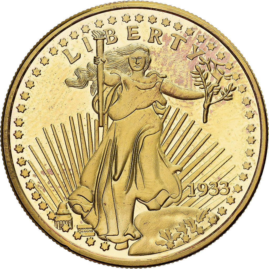 France, Medal, Reproduction Twenty Dollar Liberty, 1933, Copper Gilt, MS(63)