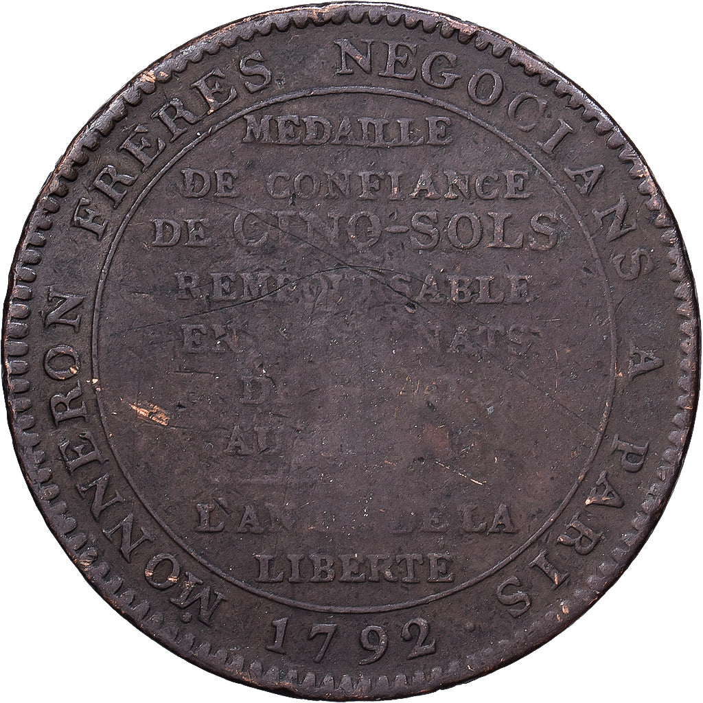 France, 5 Sols, Monneron, 1792, Paris, Bronze, B+