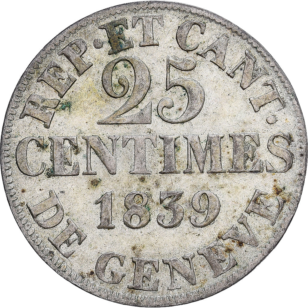Switzerland, Canton de Genève, 25 Centimes, 1839, Geneva, Silver, EF(40-45)