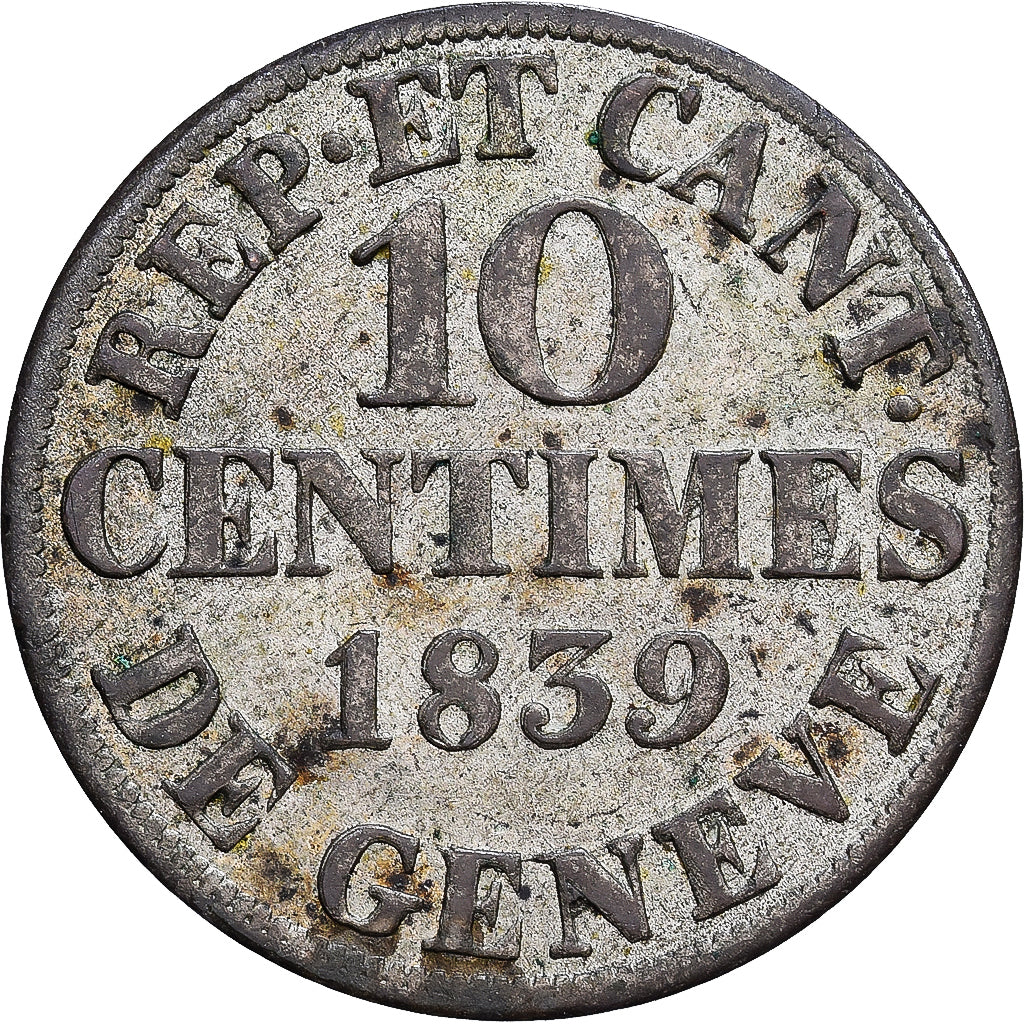 Swiss Cantons, GENEVA, 10 Centimes, 1839, Geneva, Billon, EF(40-45), KM:128