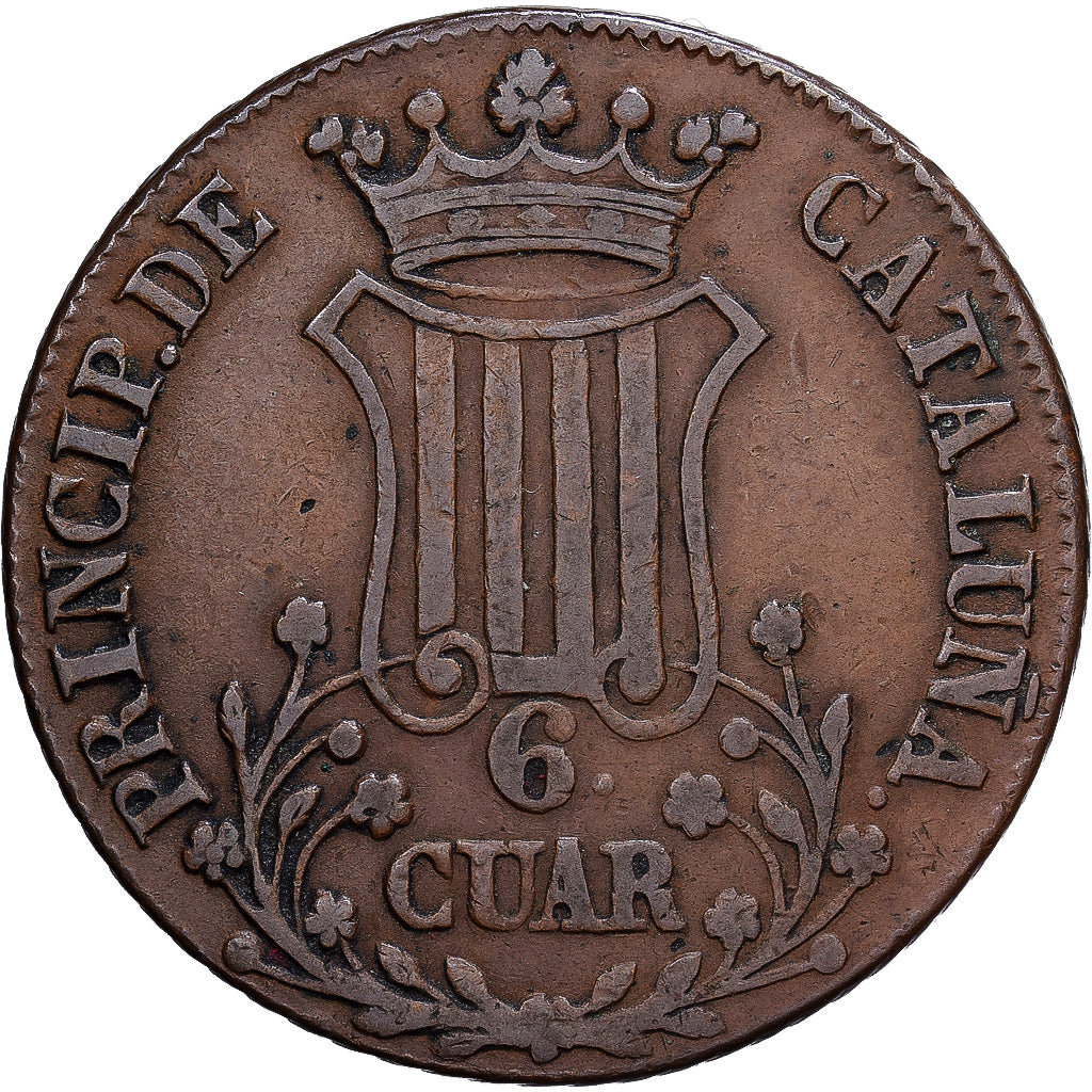 Spain, CATALONIA, Isabel II, 6 Quartos, 1838, Barcelone, Copper, AU(50-53)