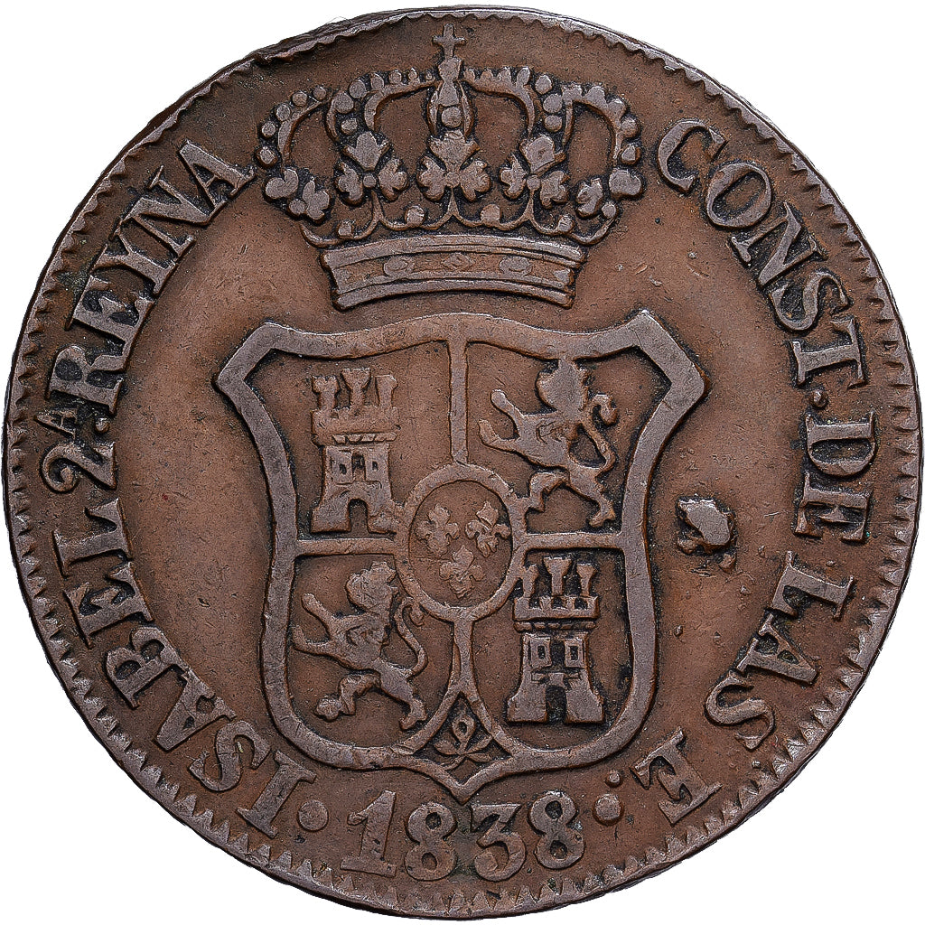Spain, CATALONIA, Isabel II, 6 Quartos, 1838, Barcelone, Copper, AU(50-53)