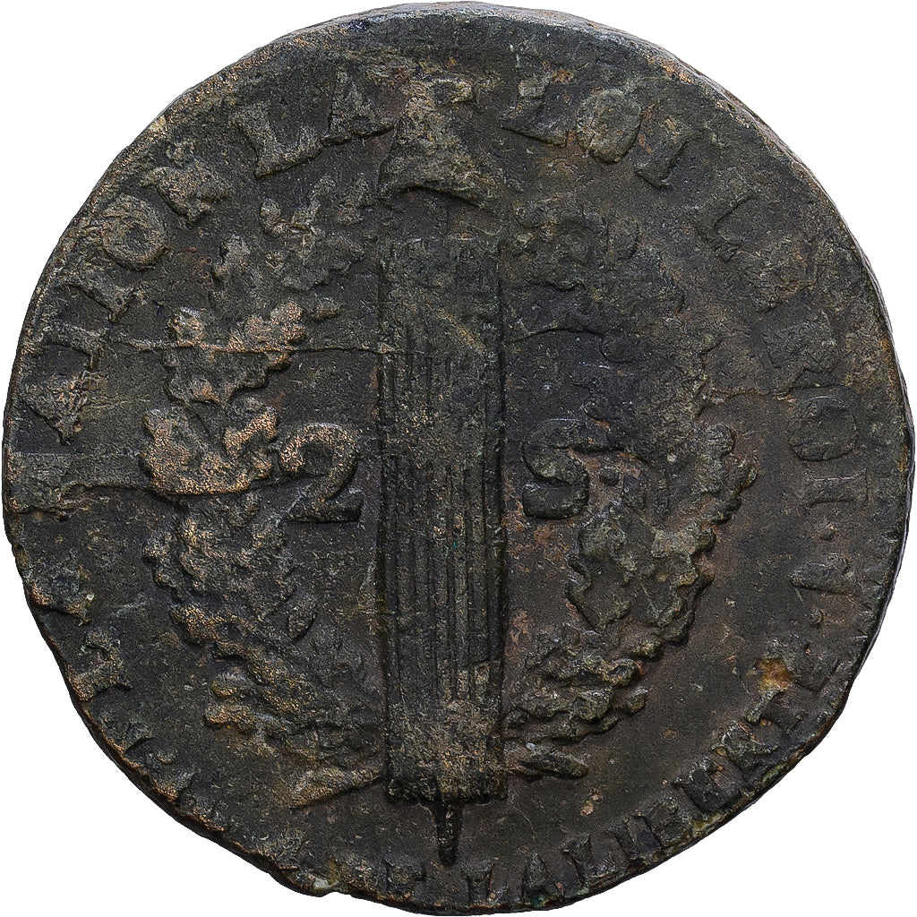 France, Louis XVI, 2 Sols, 2 sols françois, 1792, Lille, Bronze, VF(20-25)