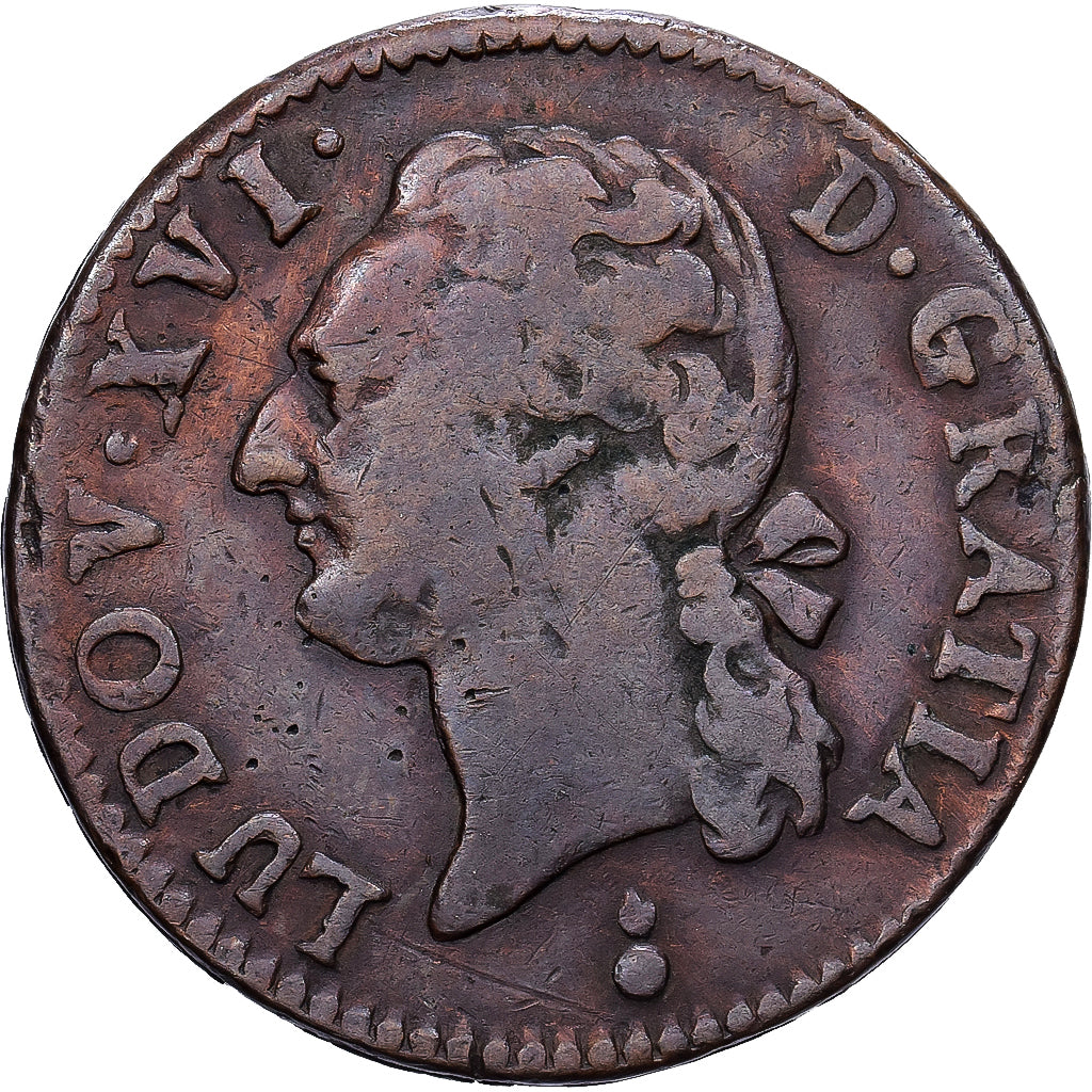 France, Louis XVI, 1/2 Sol à l'Ecu, Uncertain mint, Copper, VF(20-25)
