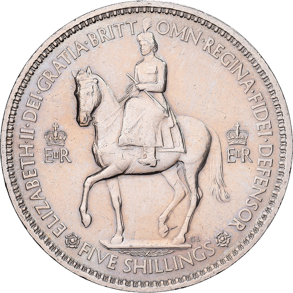 Great Britain, Elizabeth II, 5 Shillings, 1953, Copper-nickel, AU(55-58), KM:894