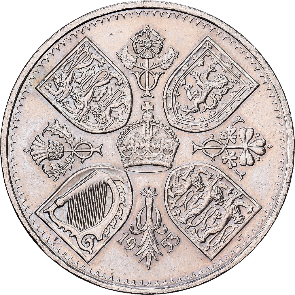 Great Britain, Elizabeth II, 5 Shillings, 1953, Copper-nickel, AU(55-58), KM:894