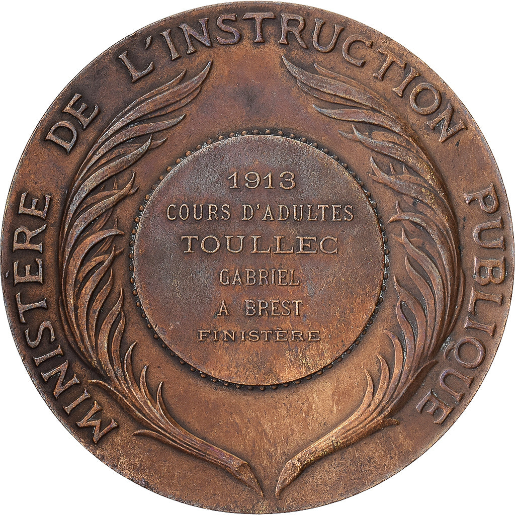France, Medal, Instruction Public, Cours d'Adulte, Brest, 1913, Bronze