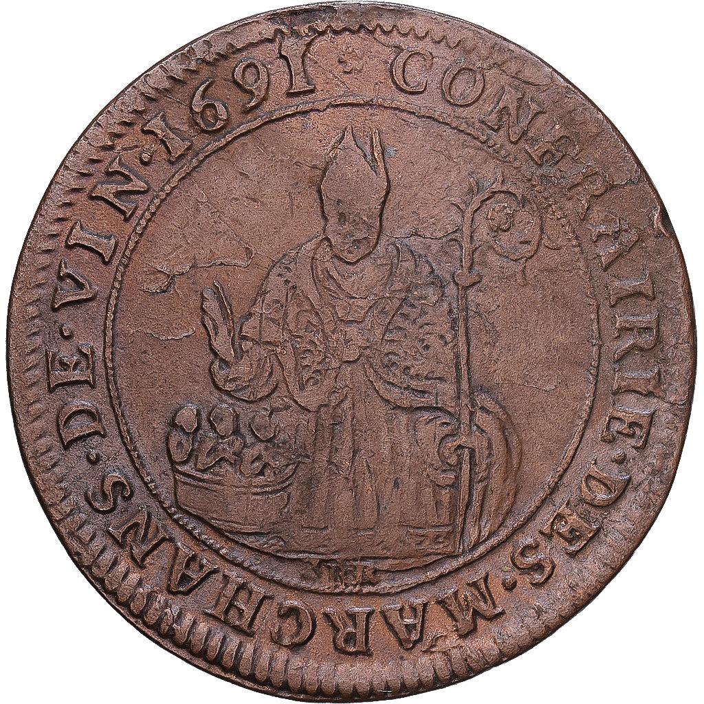 France, Jeton, Confrérie des Marchands de Vin, 1691, Cuivre, TB+