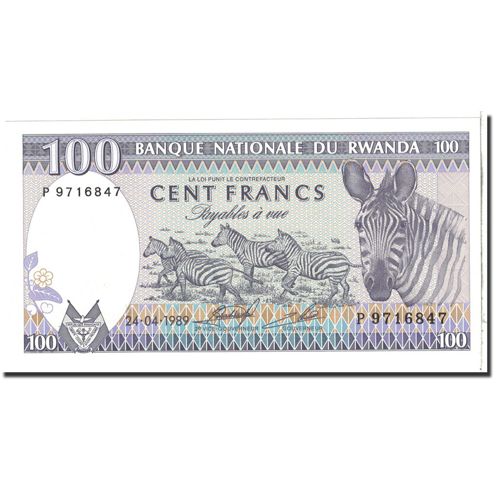 Banknote, Rwanda, 100 Francs, 1989, 1989-04-24, KM:19, UNC(65-70)