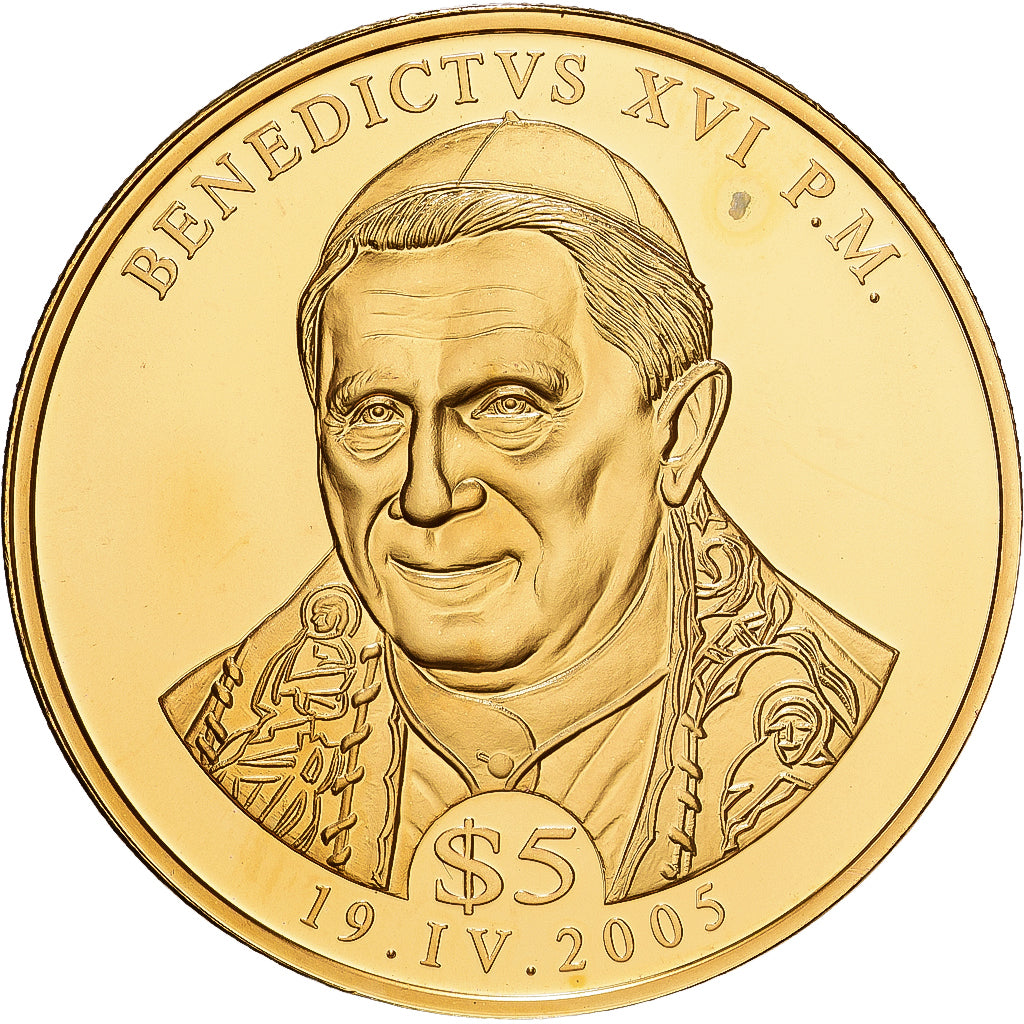 Liberia, 5 Dollars, Pape Benoit XVI, 2005, Copper-Nickel Gilt, FDC