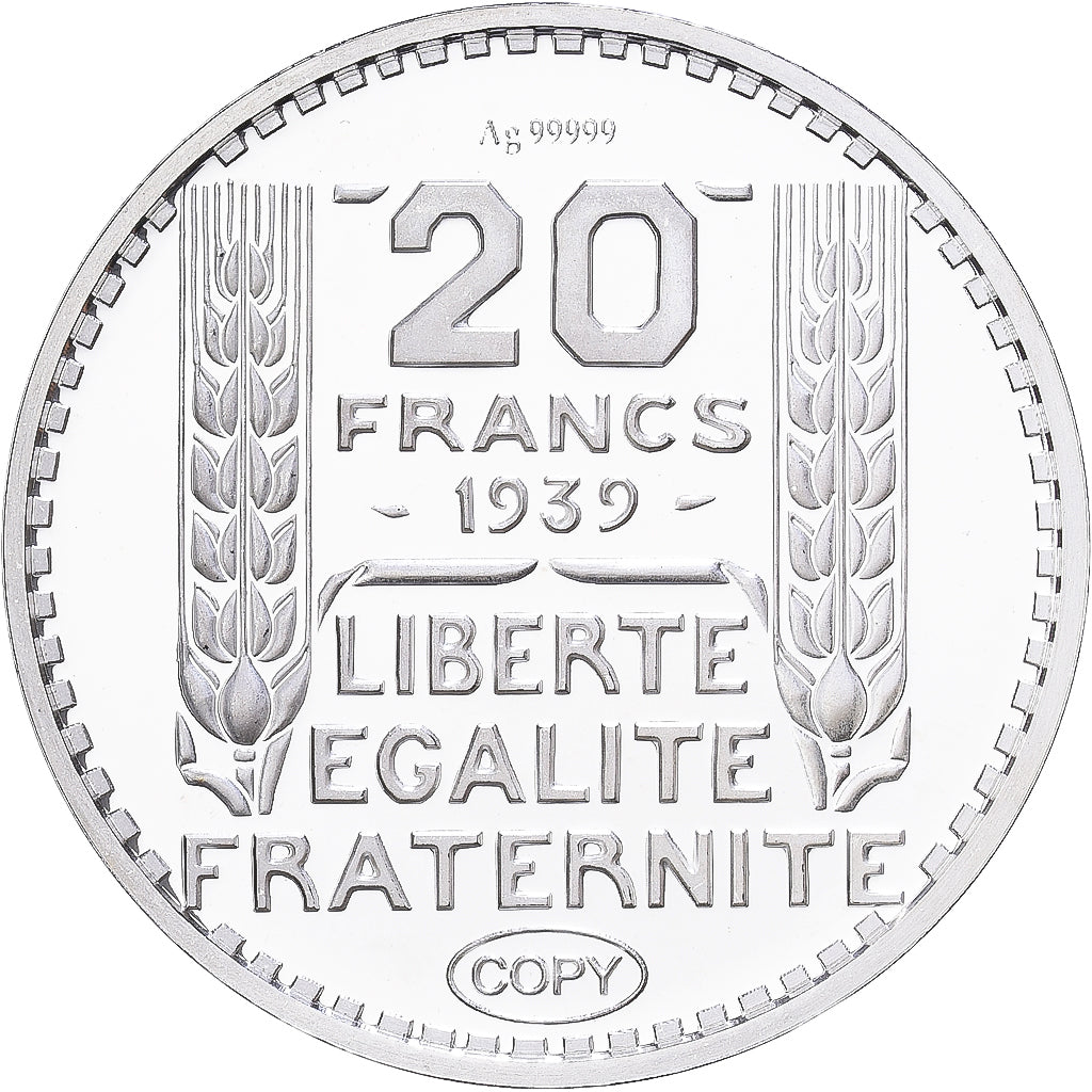Frankrijk, Medaille, Reproduction de la 20 Francs TURIN 1939, Zilver, FDC