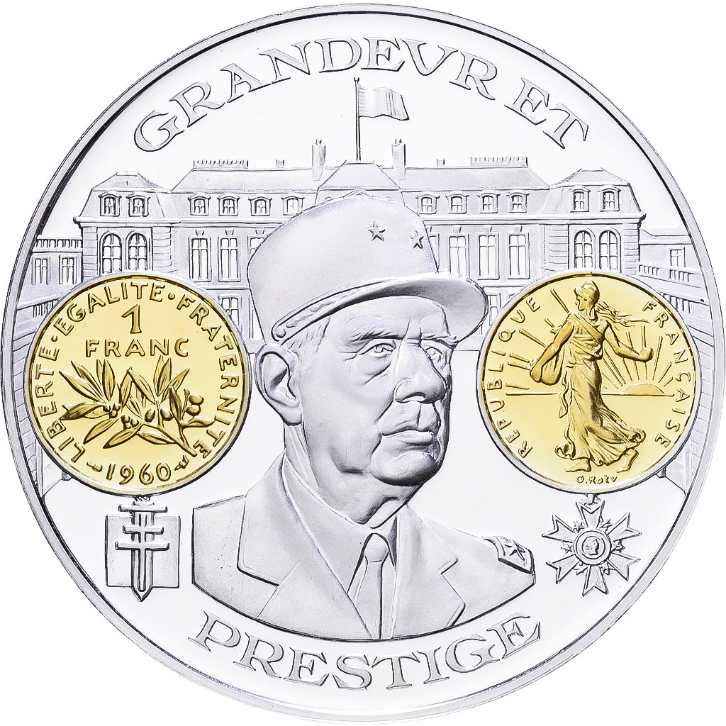 Francja, medal, Histoire Monétaire, Franc Semeuse, De Gaulle, Srebro, MS(65-70)