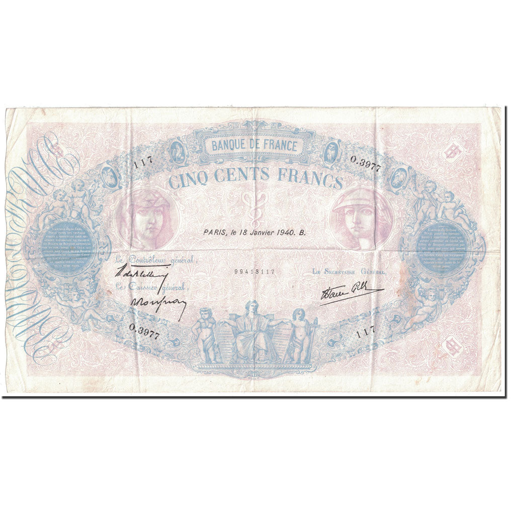 Francja, 500 Francs, Bleu et Rose, 1940, 1940-01-18, EF(40-45), Fayette:31.57