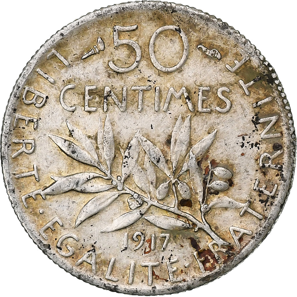 France, 50 Centimes, Semeuse, 1917, Paris, Silver, VF(30-35), Gadoury:420