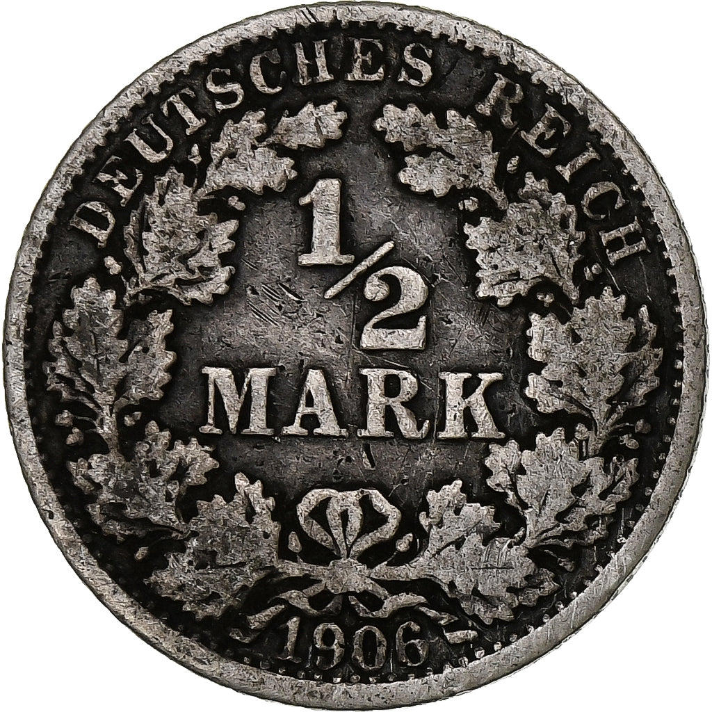 GERMANY - EMPIRE, 1/2 Mark, 1906, Stuttgart, Silver, VF(20-25), KM:17