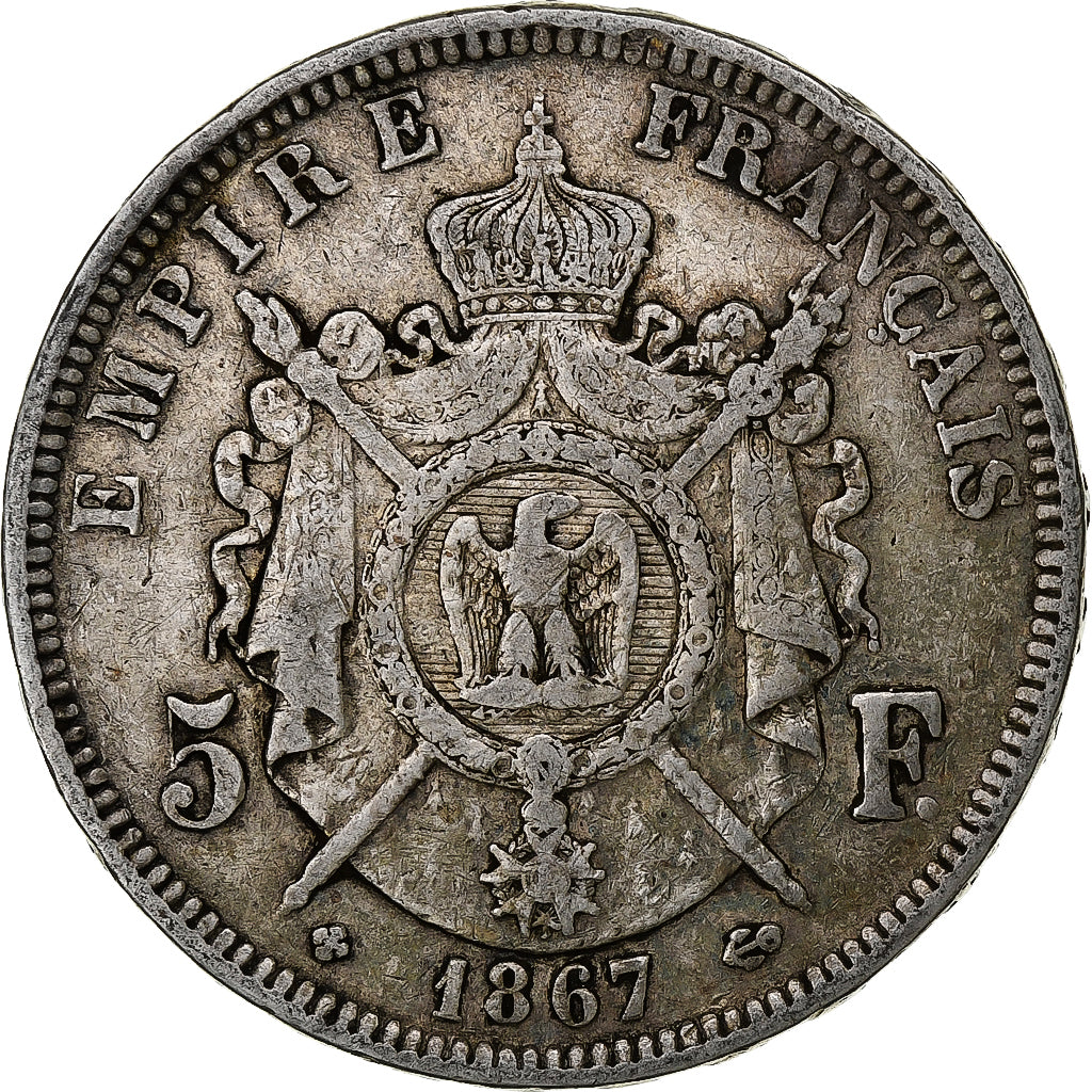 France, 5 Francs, Napoléon III, 1867, Strasbourg, Silver, VF(20-25), KM:799.2