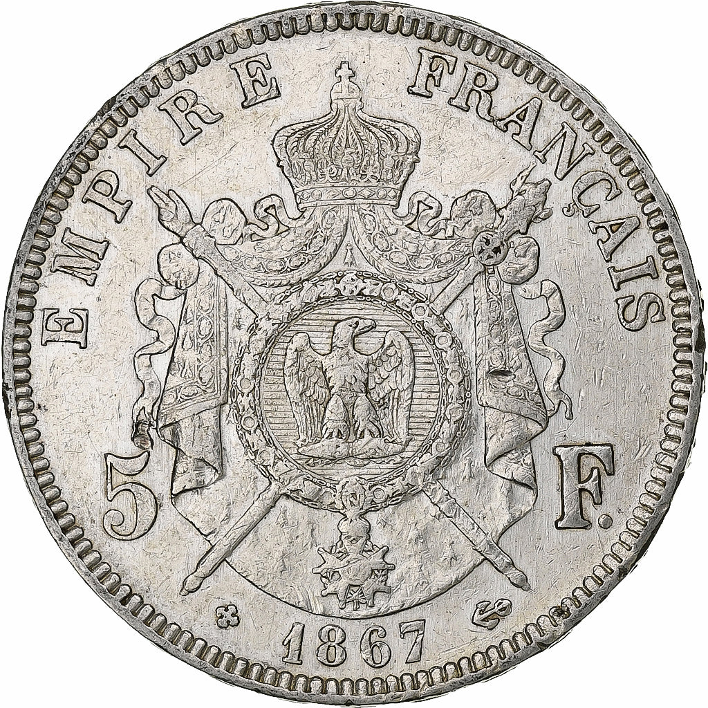 France, 5 Francs, Napoléon III, 1867, Strasbourg, Silver, EF(40-45), KM:799.2