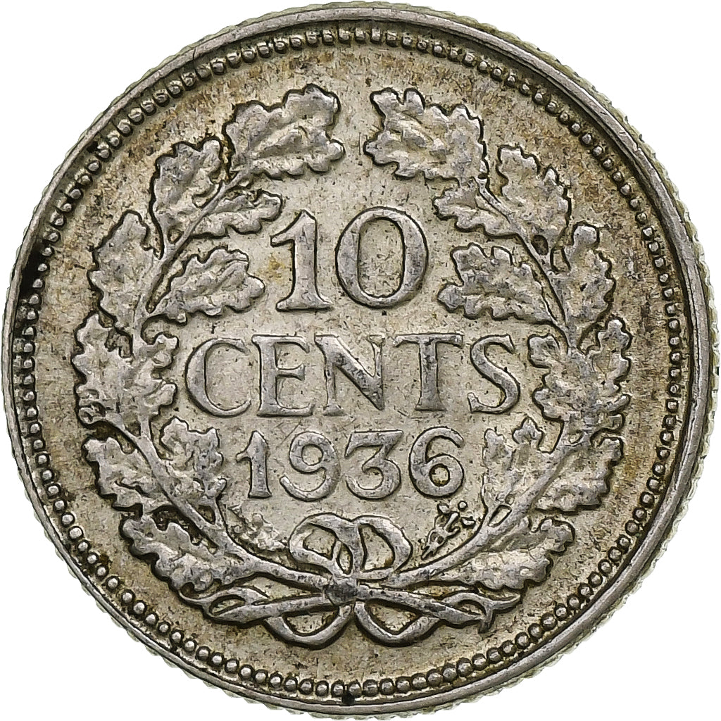 Países Baixos, Wilhelmina I, 10 Cents, 1936, Utrecht, Prata, EF(40-45), KM:163