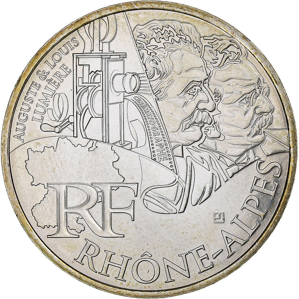 France, 10 Euro, Rhône-Alpes, Auguste et Louis Lumière, 2012, Paris, Silver