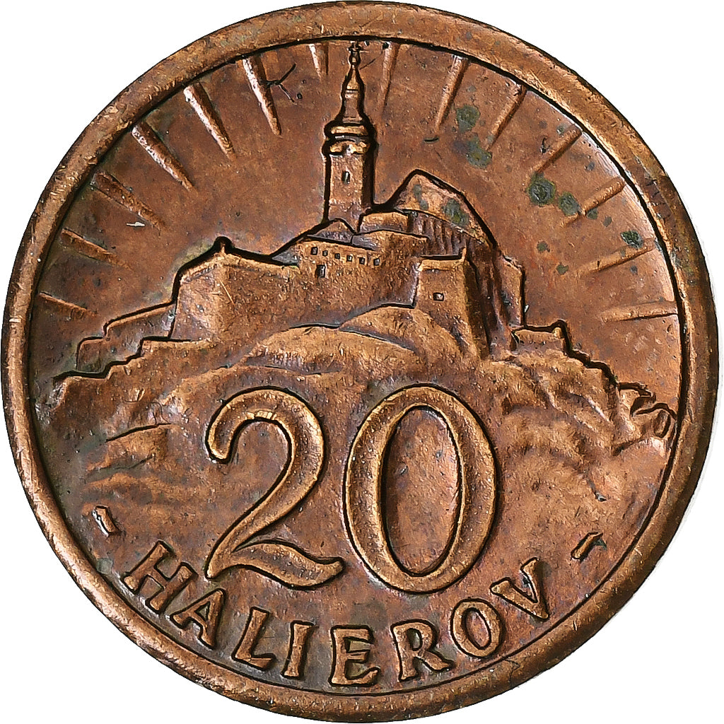 Slovakia, 20 Halierov, 1942, Bronze, AU(50-53), KM:4