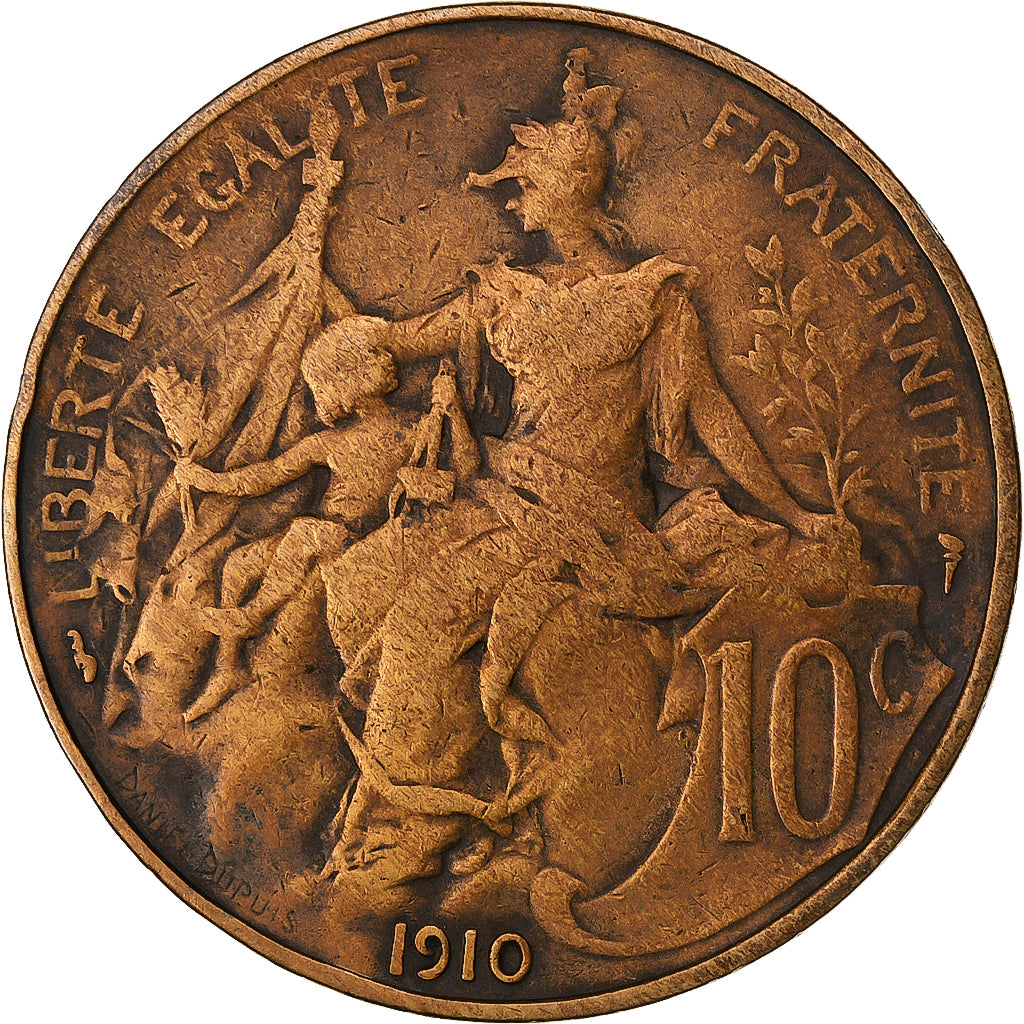 Francia, 10 Centimes, Dupuis, 1910, Paris, Bronce, BC+, Gadoury:277, KM:843