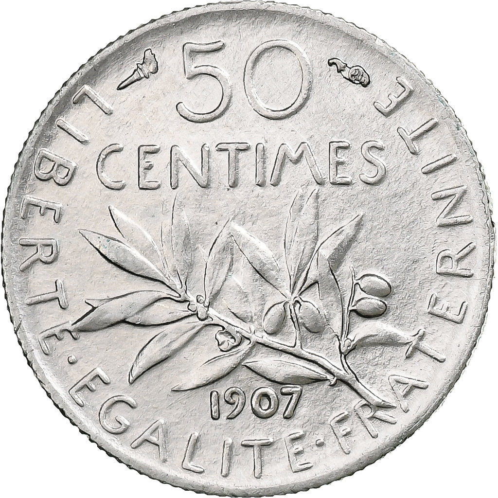 France, 50 Centimes, Semeuse, 1907, Paris, Silver, AU(50-53), Gadoury:420