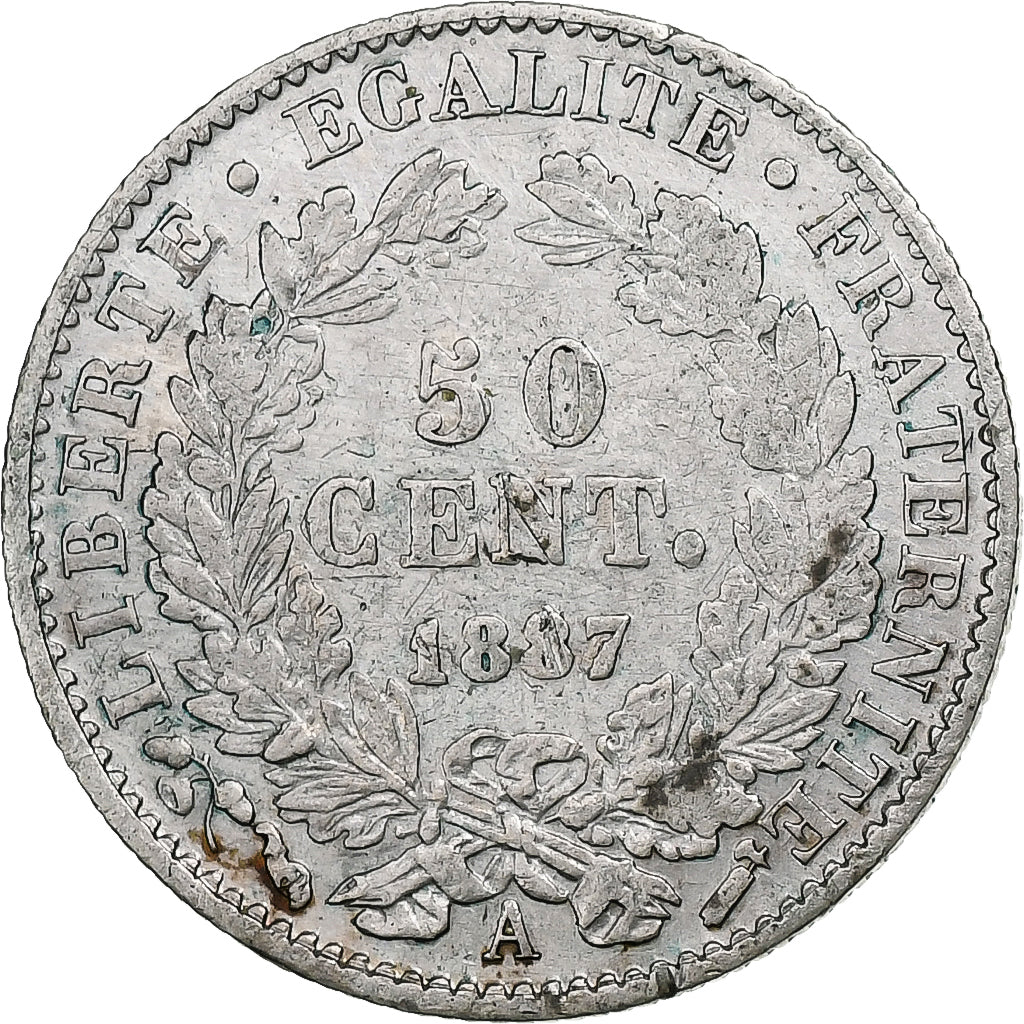 Frankrijk, 50 Centimes, Cérès, 1887, Paris, Zilver, ZF, Gadoury:419a, KM:834.1