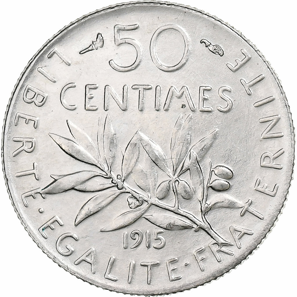 France, 50 Centimes, Semeuse, 1915, Paris, Silver, AU(55-58), Gadoury:420