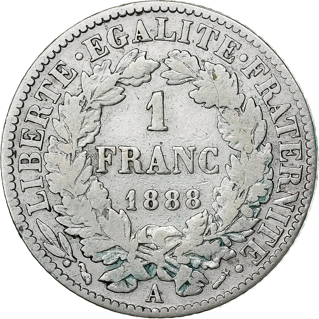 France, Franc, Cérès, 1888, Paris, Silver, VF(30-35), Gadoury:465a, KM:822.1