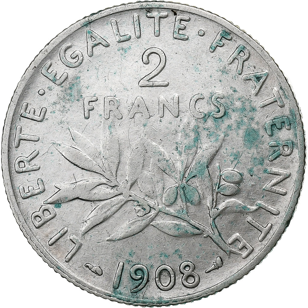França, 2 Francs, Semeuse, 1908, Paris, Prata, VF(30-35), Gadoury:532, KM:845.1